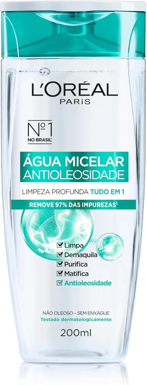 L'Oréal Paris Água Micelar Efeito Matte Solução de Limpeza Facial 5 em 1, 200ml