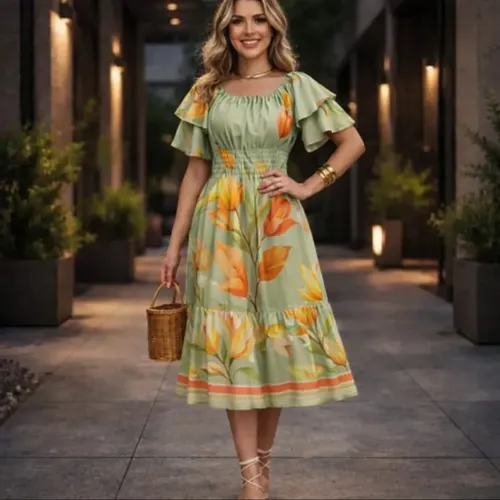 Vestido Feminino Ciganinha Lástex Elegante Moda Evangélica Verde Florido M 38/44