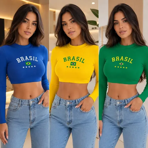 Kit C/3 Blusas Cropped Feminina Brasil Manga Longa Gola Alta Kit Com 3 Un