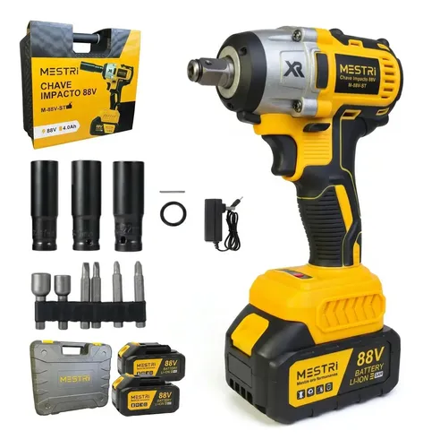 Chave De Impacto A Bateria Profissional Recarregável 88v 4ah Brushless Parafusadeira Furadeira Alta Potência Sem Escova 2 Baterias Mestri M-88v Amarelo E Preto 127/220v