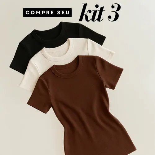 Kit 3 Blusas Feminina Ribana Canelado Básica Casual Preta, Marrom E Branca M/g (36/42)