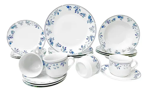 Jogo Aparelho De Jantar Mayara Em Porcelana 20 Peças Cor Branco E Azul Hauskraft Florido