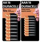 Pilha Alcalina Duracell Pequena AA, com 16 unidades + Pilha Alcalina Duracell Palito AAA, Com 16 unidades BT 1 UN