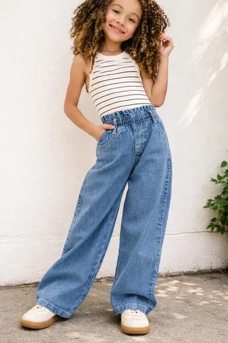 Calça Jeans Wide Leg 100% Algodão Infantil Com Elástico Jeans Médio Marmorizado 8