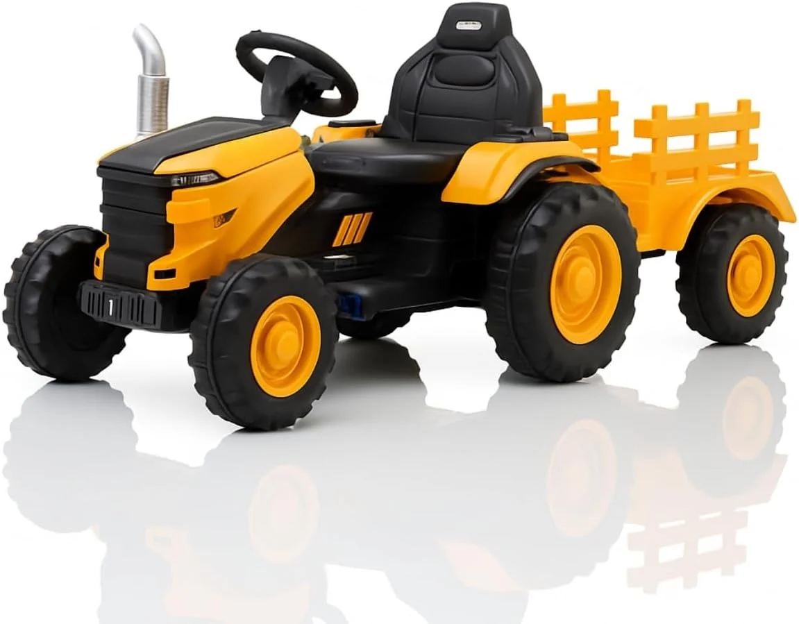 Trator Elétrico Infantil 12V Controle Remoto Som Luz e Carreta (Amarelo)