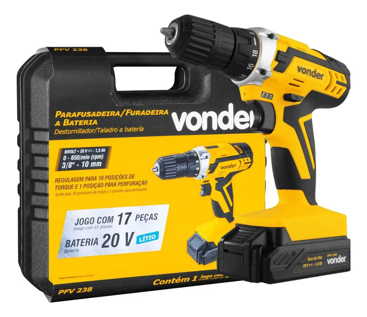 Parafusadeira e Furadeira A Bateria PFV 238 Completa Com Maleta de Transporte e Acessórios - Vonder