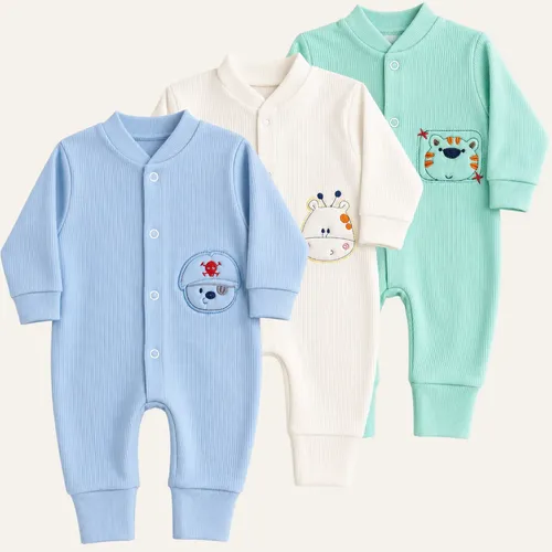 Kit 3 Macacão Canelado Bordado Para Bebê Menina Menino P - G Menino M