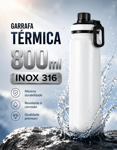 Garrafa Térmica 800ml Água Azarte Inox Academia Com Alça Branca