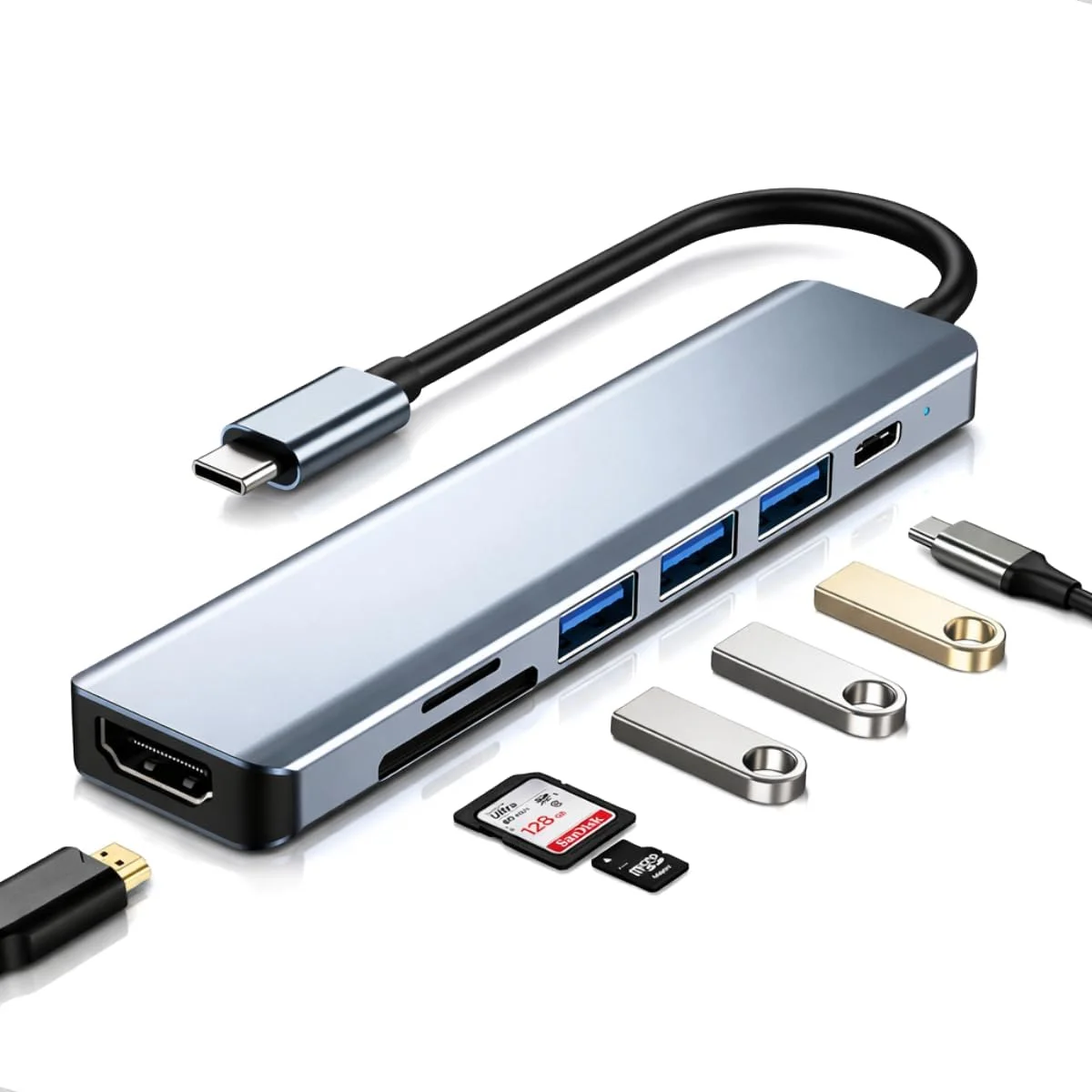 Adaptador Hub USB 7 em 1 Premium com Saída HDMI 4K a 60Hz, USB-C, 7 Portas, USB 3.0, Leitor de Cartão SD, Fonte de Alimentação Tipo C, Carregamento Rápido Multiportas