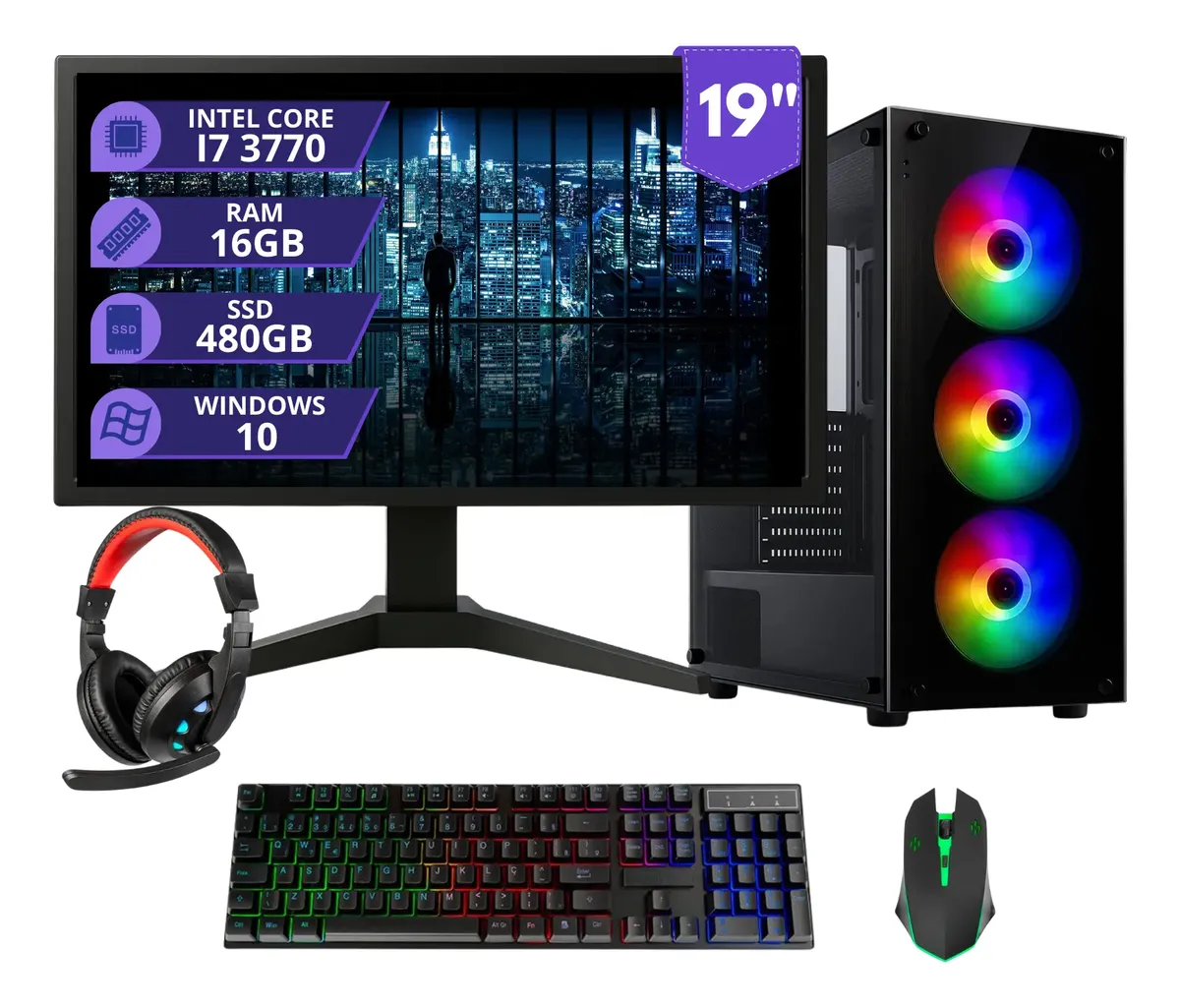 Pc Gamer Completo I7 3.4ghz 16gb Ssd 480gb 500w Monitor 19 480 Gb 16 Gb Placa De Video Integrada