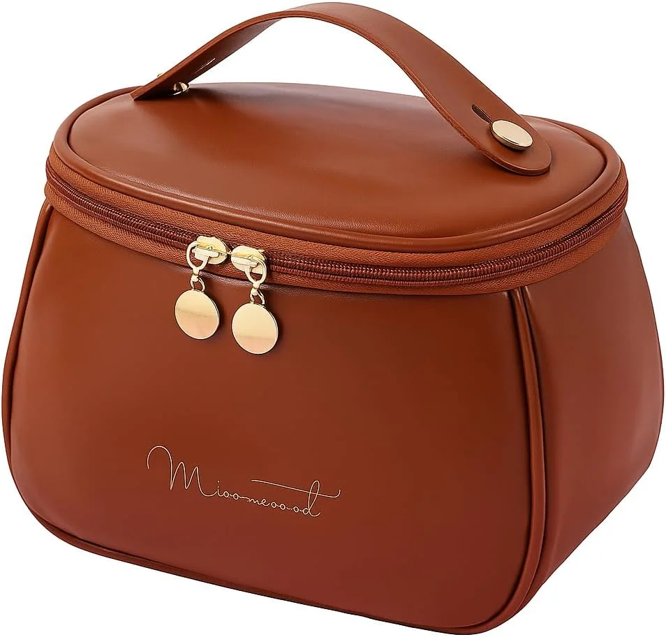 Bolsa Necessaire Feminina Elegante, para Maquiagens, em Couro Sintético, com Compartimentos para Cosméticos e Pincéis (Marrom Caramelo)
