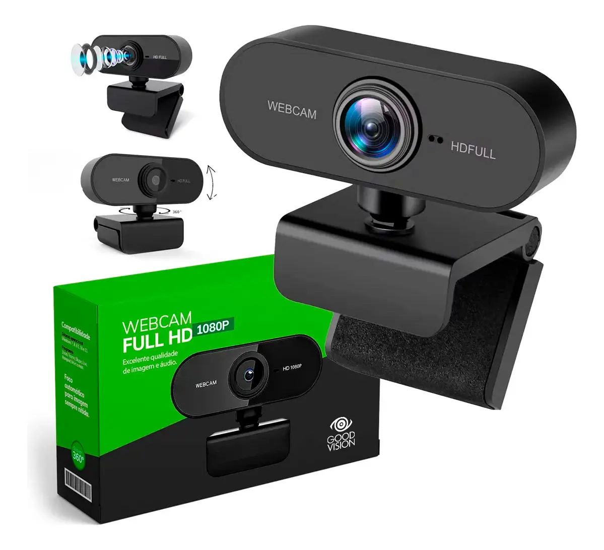 Webcam Camera Full Hd Zoom 1080p 360 Graus Videoconferencia Streamcam Web Cam Entrada Usb 2.0 Com Microfone- Goodvision Preto