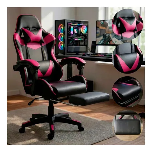 Cadeira De Escritório Gamer Ergonômica Reclinável Com Apoio Dos Pés Rosa Led Tools Com Estofado De Couro Sintético