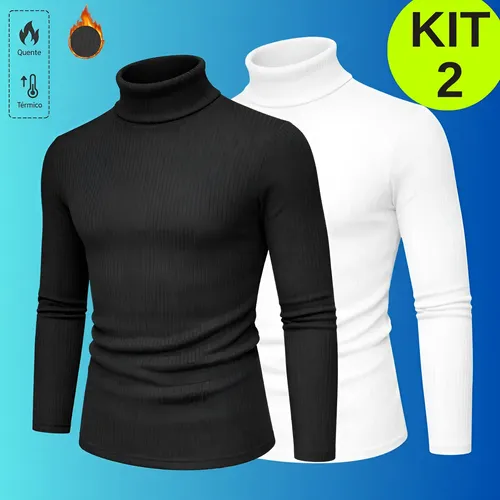 Kit 2 Blusa Cacharrel Masculino Gola Alta Canelado Camisas Preto-branco M (38-40)
