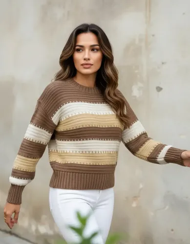 Blusa De Frio Listrada Suéter Feminino Tricot Moda Tricô Bege Listra Unico