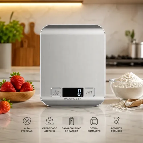 Balança Digital Para Cozinha 10kg Precisão 1g Aço Inox Tara Display Lcd Multiunidade Alimentos Confeitaria Dieta... 10 Kg Prateado