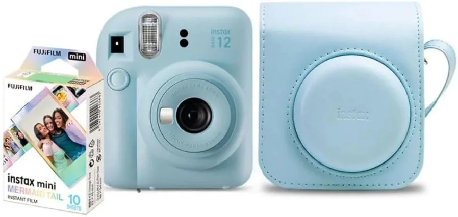 Kit Câmera Instax Mini 12 com pack 10 fotos Spray Art e Bolsa Azul Candy