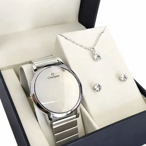 Kit Relógio Feminino Champion Digial Led Espelhado Prata Prateado Pulseira Em Aço Inoxidável + Colar E Brincos Arisca Branco