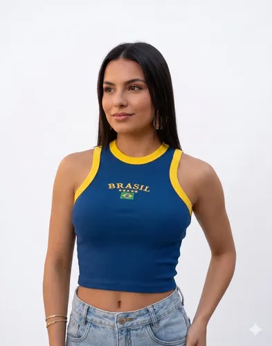 Cropped Blusinha Brasil Copa 2026 Ribana Canelada Premium Azul M