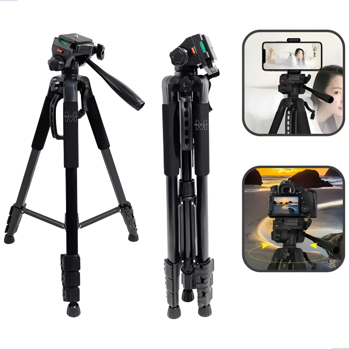 Tripé Profissional Meeky de Alumínio 140cm, com Cabeça Hidráulica 360° para Celular e DSLR