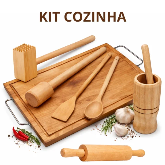 KIT para Cozinha Completo 7UN Tábua de Carne, Colheres, Pilão, Socador de Feijão, Rolo de Massa etc