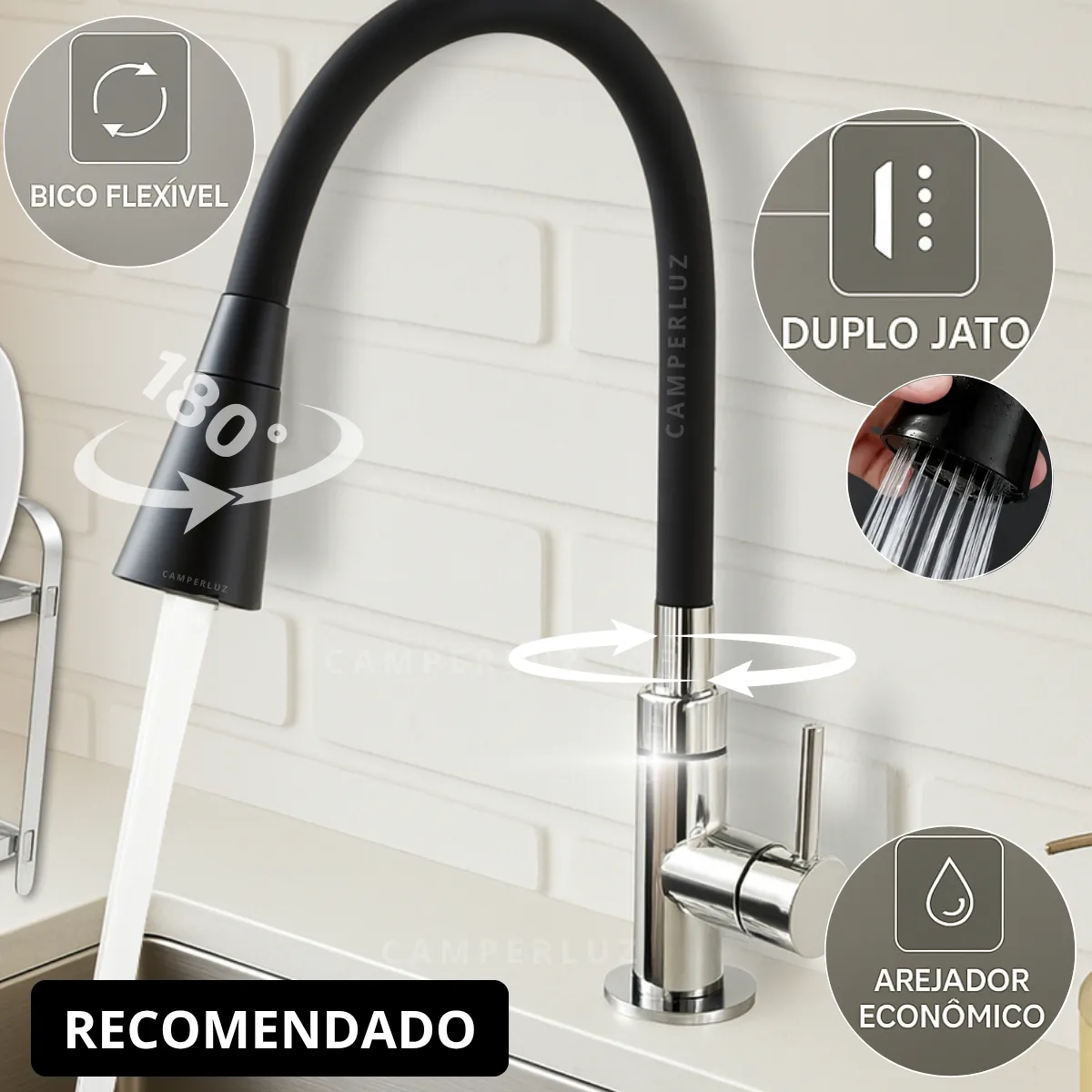 Torneira Gourmet Luxo Flexível Cozinha Bancada 2 Jatos Pia Cor Preto - Marca Camperluz Preto (instalação Na Bancada) Brilhante