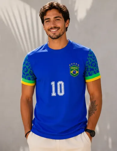 Camiseta Masculina Dry Fit Brasil - Proteção Uv 35 Azul Brasil G Estampa Localizada