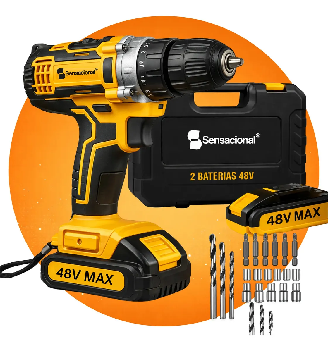 Parafusadeira Furadeira 48v Profissional 2 Baterias Sem Fio Amarelo 60 Hz 127/220v