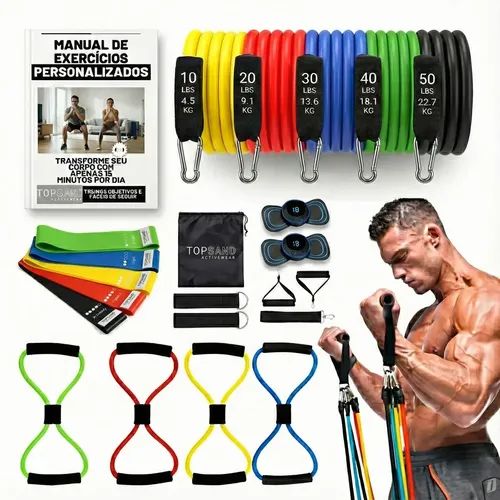 Kit 20 Itens Esportivos Para Treino Em Casa Academia Fitness Funcional Com Elásticos Extensor Puxadores Massageador... Colorido
