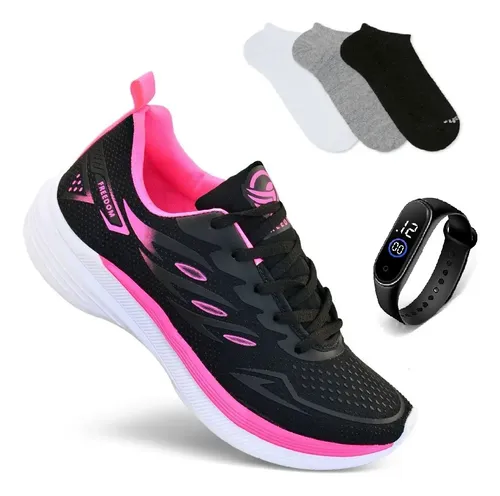 Kit Tenis Feminino + Relogio + Meia Academia Corrida Treino Preto/pink 37 Br
