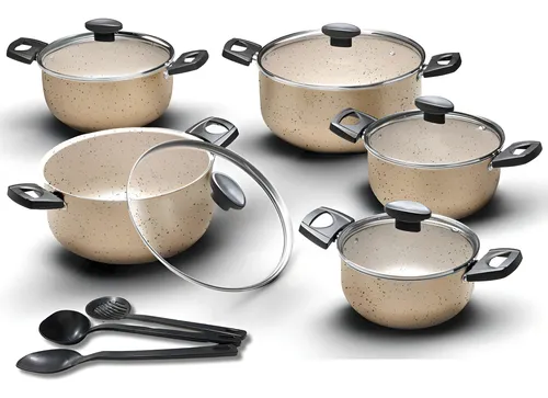 Jogo Conjunto De Panelas 5 Peças Caçarolas Teflon Antiaderente Kit Tampa De Vidro Cor Marfim Baunilha