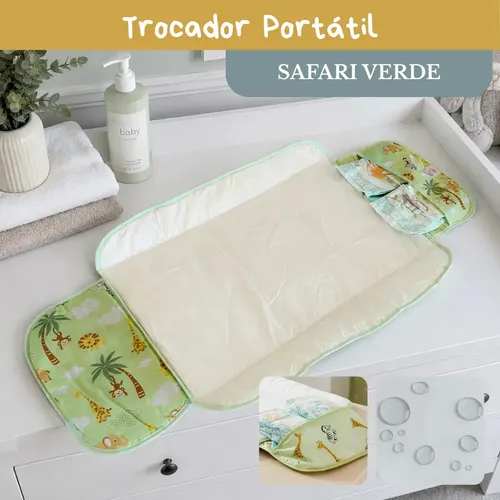 Trocador De Fralda Bebê Impermeável Dobrável Portátil Lindas Estampas Safari Verde Verde-claro