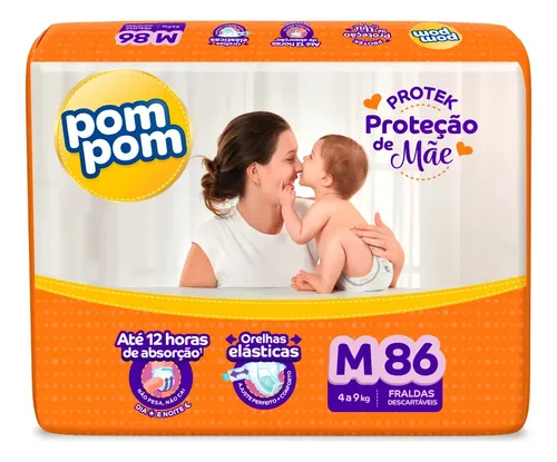 Fraldas Descartáveis Pom Pom Protek Proteção De Mãe M Com Derma Protek 86 Unidades Sem Gênero