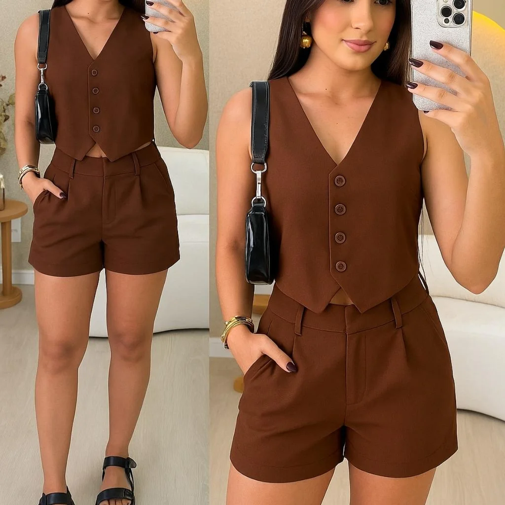 CONJUNTO FEMININO SHORTS + COLETE NOVA TENDENCIA 2026  PRIMAVERA VERÃO