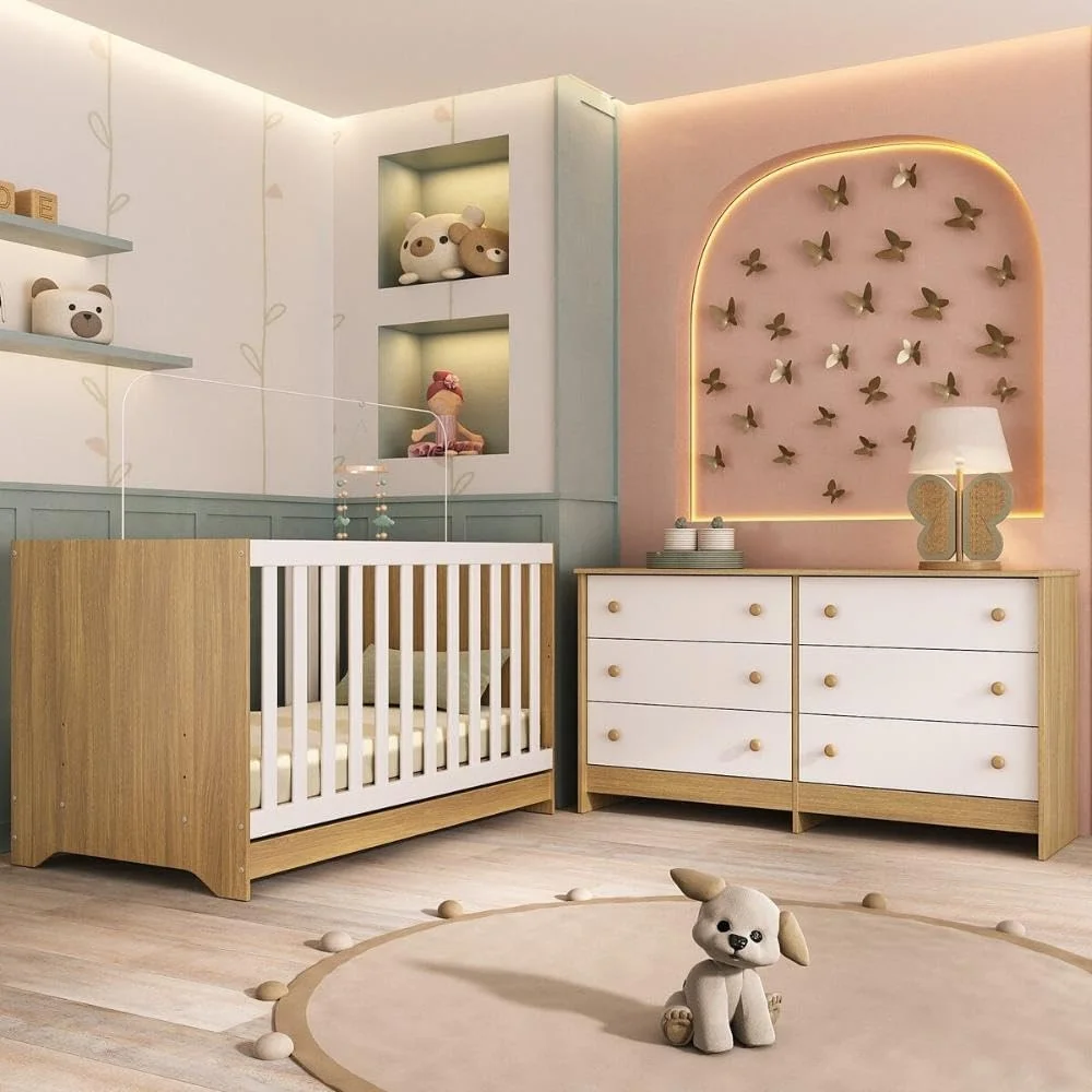 Multimóveis Berço Americano 3 em 1 MP4677 para Colchão 130x70cm com Cômoda Caramelo Madeirado/Branco