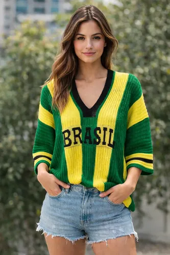 Blusa Tricot Brasil Feminina Decote V Manga 7/8 Moda Premium Amarelo E Verde Un