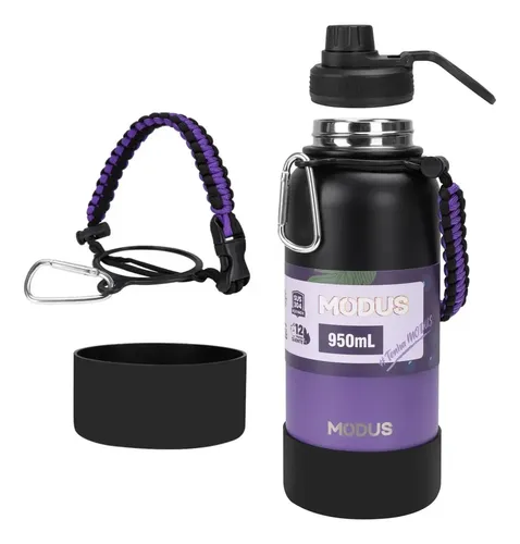 Garrafa Térmica 950ml Aço Inox 304 Com Alça Paracord Preta Para Academia E Esportes-j680