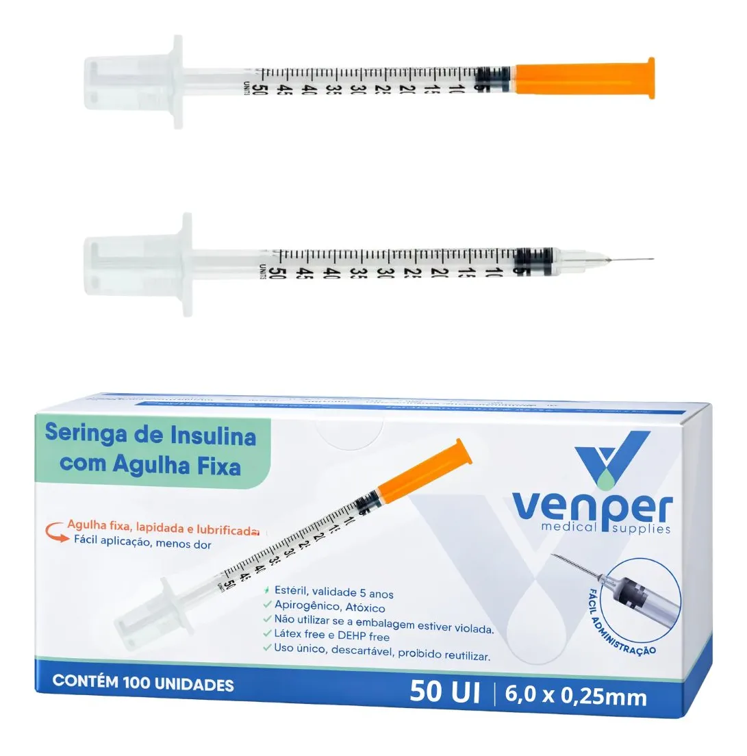 Seringa Insulina 0,5ml - 50u.l C/ag 0,6 X 0,25 Mm - Venper 0.5 Ml