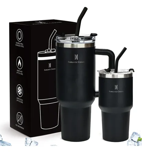 Kit Copo Térmica Inox 1200ml & 600ml Com Tampa E Inox Canudo Preto Cor Pura