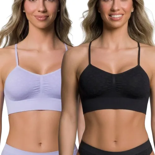 Kit 2 Top Sutiã Poliamida Microfibra Sem Costura Selene 1 Lilás - 1 Preto Top Selene Sutiã Confortável Sutiã Sem Costura M Franzido Anatômico Sem Apertar