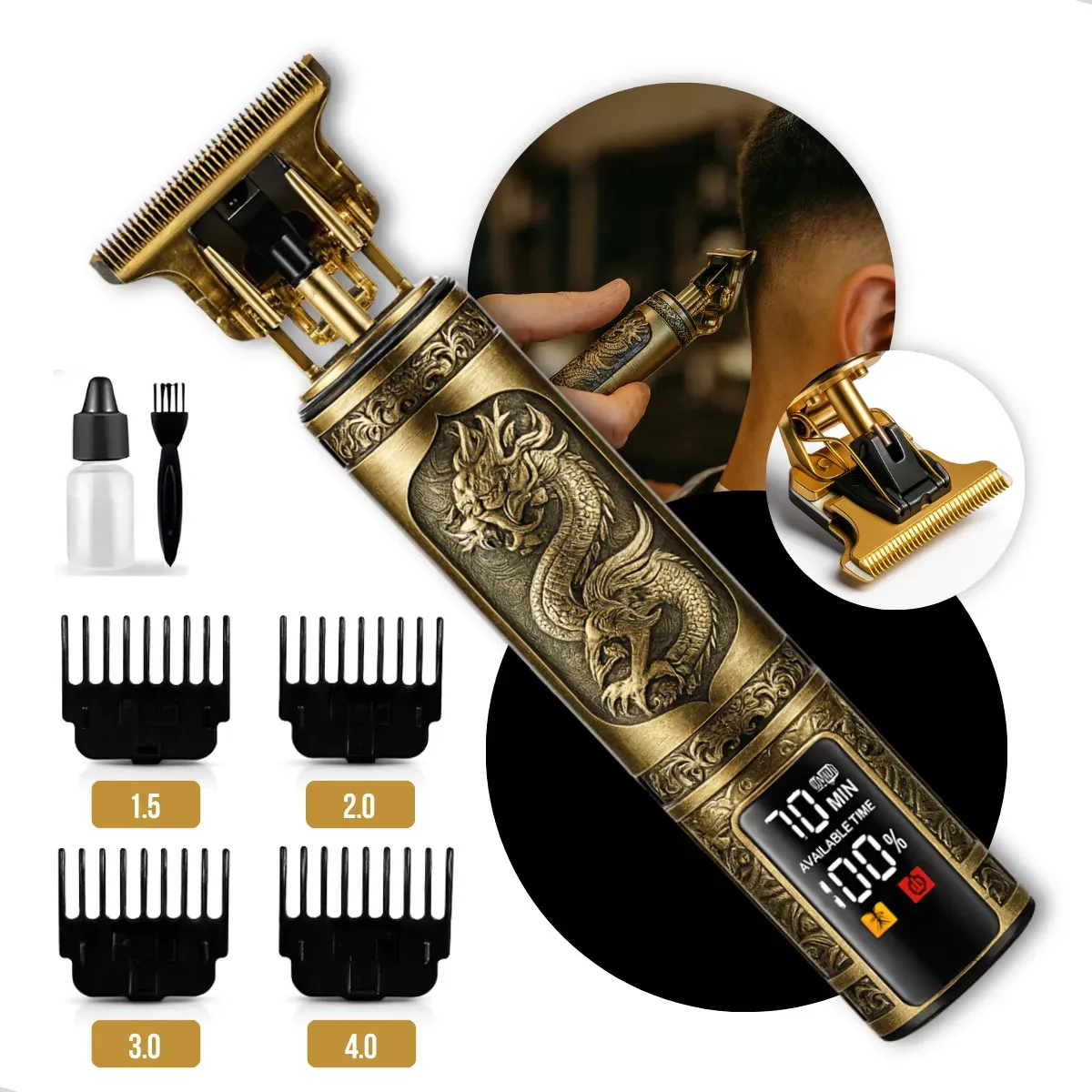 Maquina De Cortar Cabelo Barbear Sem Fio Maquininha Dragão Elétrica Aparador De Pelos Acabamento Depilador 4 Pentes Intimo Masculino Motor Recarregável Usb Tipo C Dourado Nixzen 127/220v