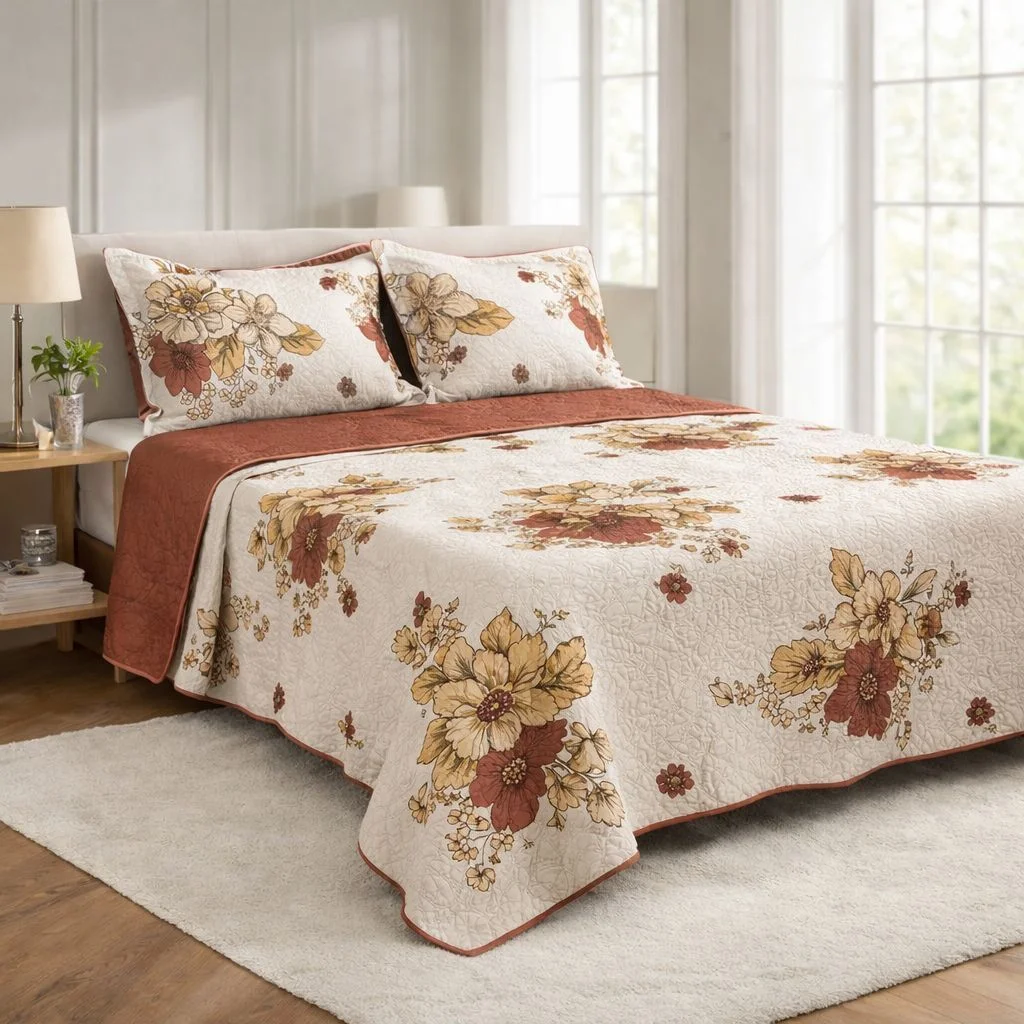 Kit Colcha Cobre Leito Estampado, Dupla Face, 3 peças, Matelado  - (Casal ou Queen)