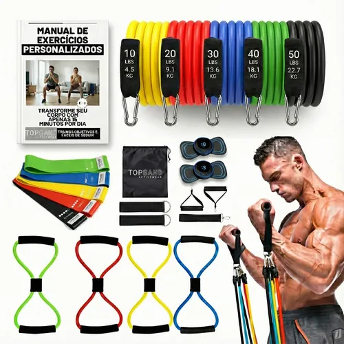 Kit 20 Itens Esportivos Para Treino Em Casa Academia Fitness Funcional Com Elásticos Extensor Puxadores Massageador... Colorido