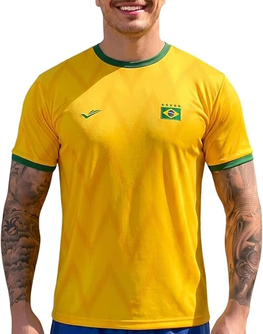 Camisa do Brasil Masculina Copa 2026 Camiseta Torcedor Seleção Brasileira Elite Dry Fit Bandeira 5 Estrelas Gola Verde