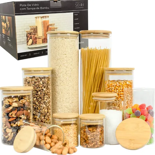 Kit 10 Potes Herméticos Vidro Tampa Bambu Seiri Para Mantimentos Cozinha Transparente