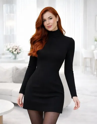 Vestido Gola Alta Feminino De Inverno Alfaiataria Com Manga Preto Liso 42-44