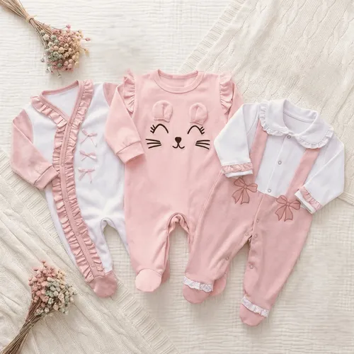 Kit Macacões Menina 3 Peças 100% Algodão Rosa P