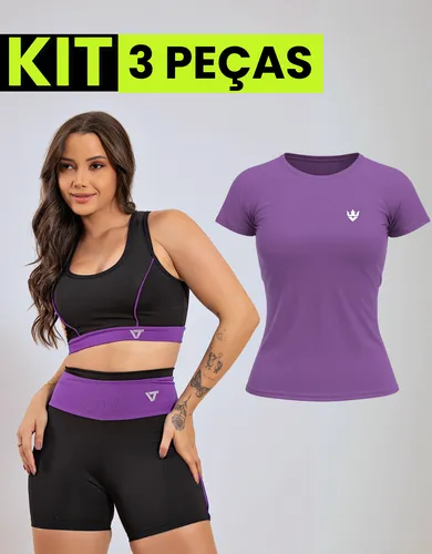 Kit Conjunto Fitness Feminino + Camiseta Roupa Academia Roxo Lisa G