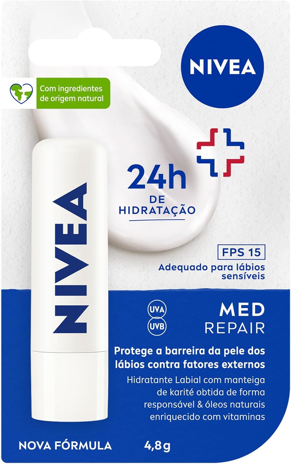 NIVEA Protetor Labial Med Repair FPS15 4,8g - Hidrata e regenera os lábios ressecados e machucados, com Vitamina E e óleos naturais, proporciona reparação intensiva e alívio imediato