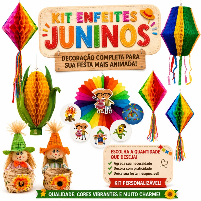 Kit Enfeites de Pendurar Junino 3D Colorido de Papel Balão Bola Arraia Festa Junina Juliana